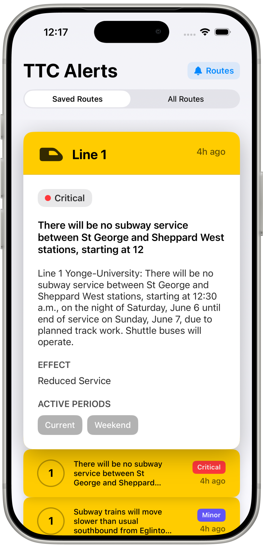 TTC Alerts shown on iPhone